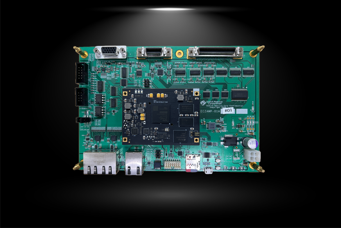 Close-up of Sodick America’s EtherCAT Motion Controller EM3 controller hardware board featuring dual Ethernet ports, high-speed digital interfaces, and industrial EtherCAT master support.